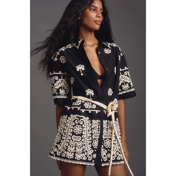 Anthropologie Dresses & Skirts - Anthropologie Maeve Mini Shirt Dress Black Embroidery Boho Retro Preppy Sz S NWT